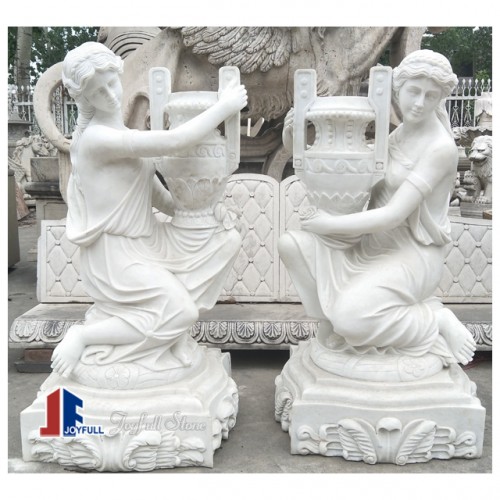 Hand carved garden white marble statues with planter pot