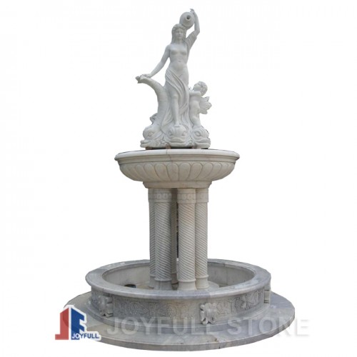 Carved white marble fountain with columns and lady sculpture for outdoor