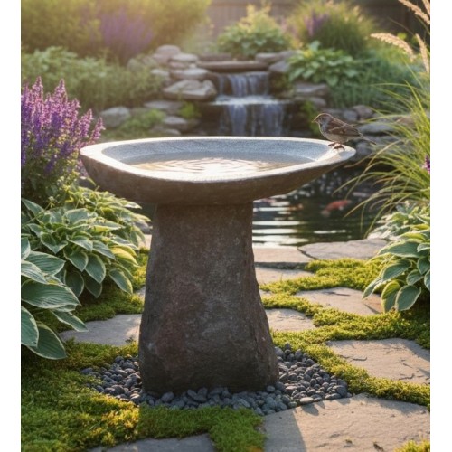 Basalt stone birdbath for home and garden, patio, yards