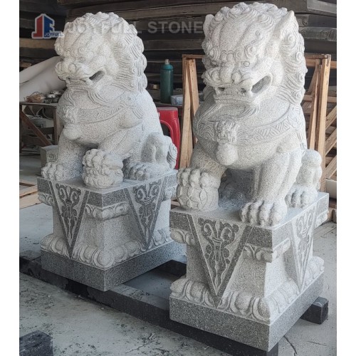 Carved Grey Granite Chinese Guardian Lion Sculptures